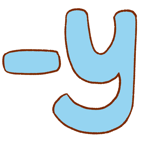 '-y' in round blocky letters with brown outlines and light blue fills